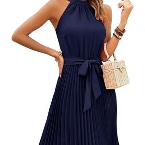 KIRUNDO Navy Sleeveless Halter Neck Pleated Midi Cocktail Dresses with Belt
